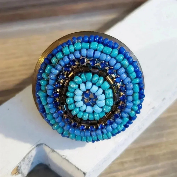 India Brass Turquoise Blue Beads Artisan Beaded Statement Cocktail Ring - Picture 2 of 12
